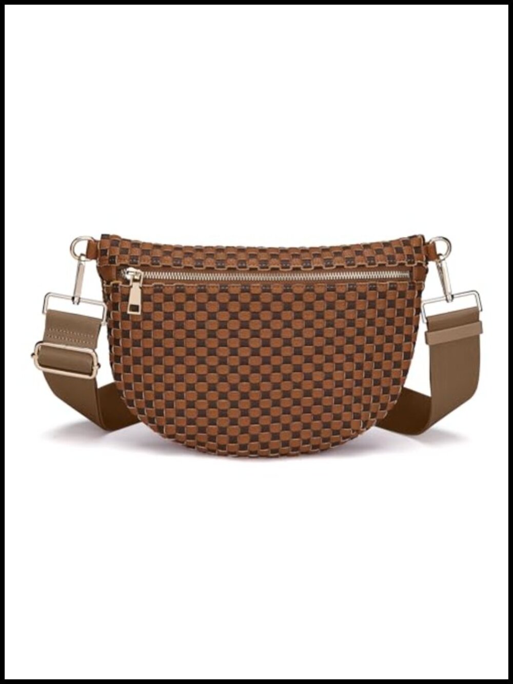 Woven Checkered Crossbody Bag PU Leather Waterproof Fanny Pack Adjustable Strap